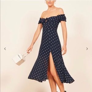 Reformation Cordova Midi Dress Navy Polka Dot